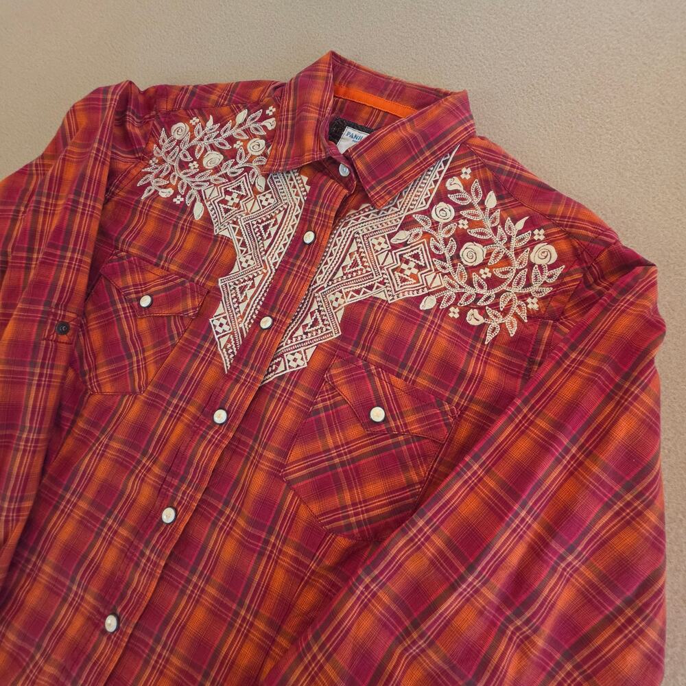 Panhandle Slim Orange Plaid Embroidered Western Shirt Pearl Snaps Sx XS